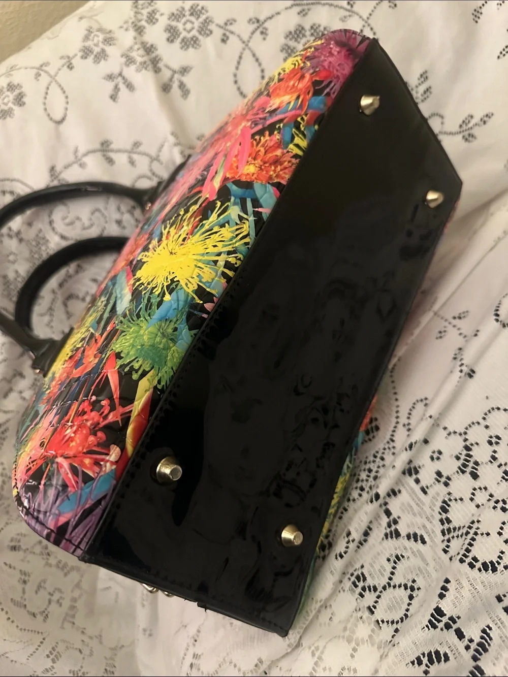 Floral Multicolor Patent Satchel Handbag - Black Trim